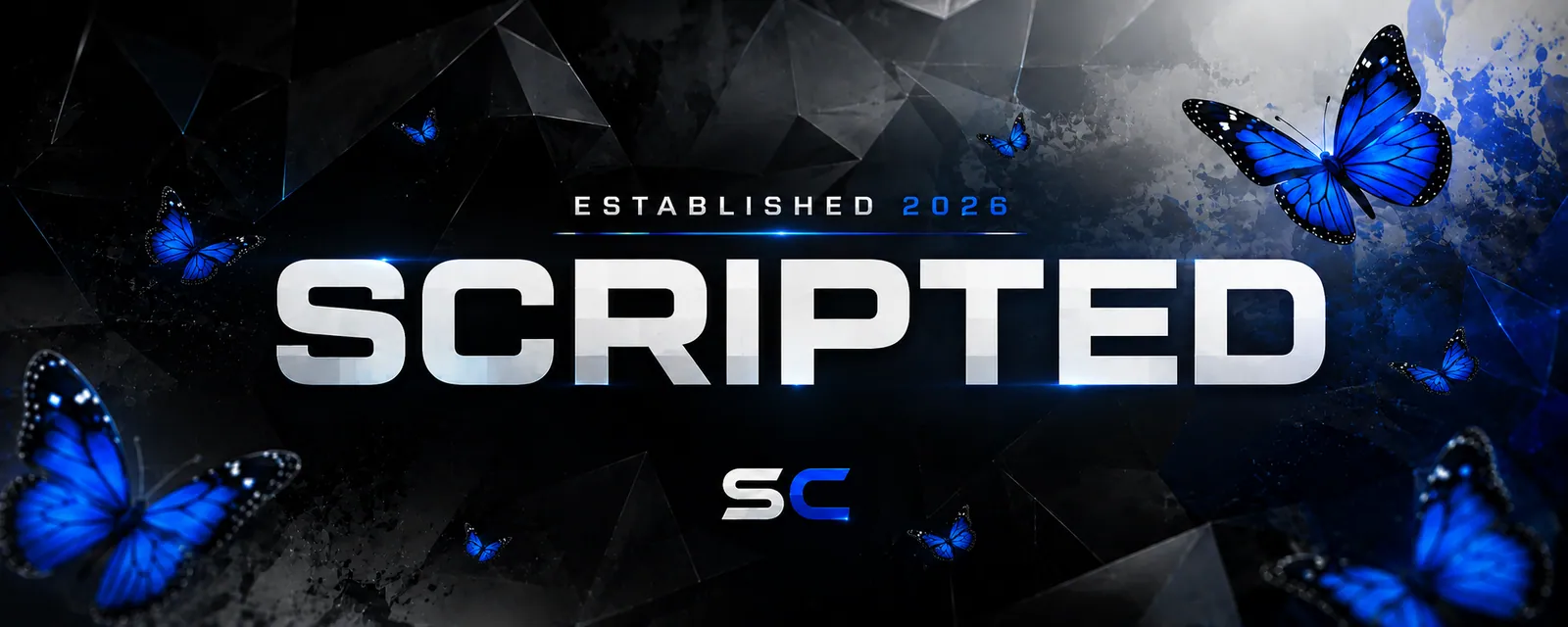 SCRIPTED — established 2026, with blue butterflies over a dark crystalline background